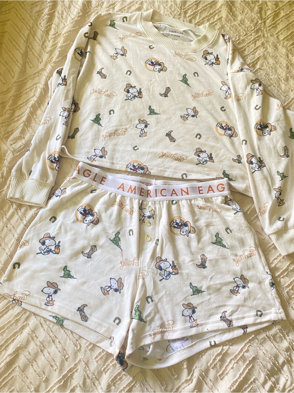 American Eagle Outfitters Cream Western Snoopy Print Pajama Set